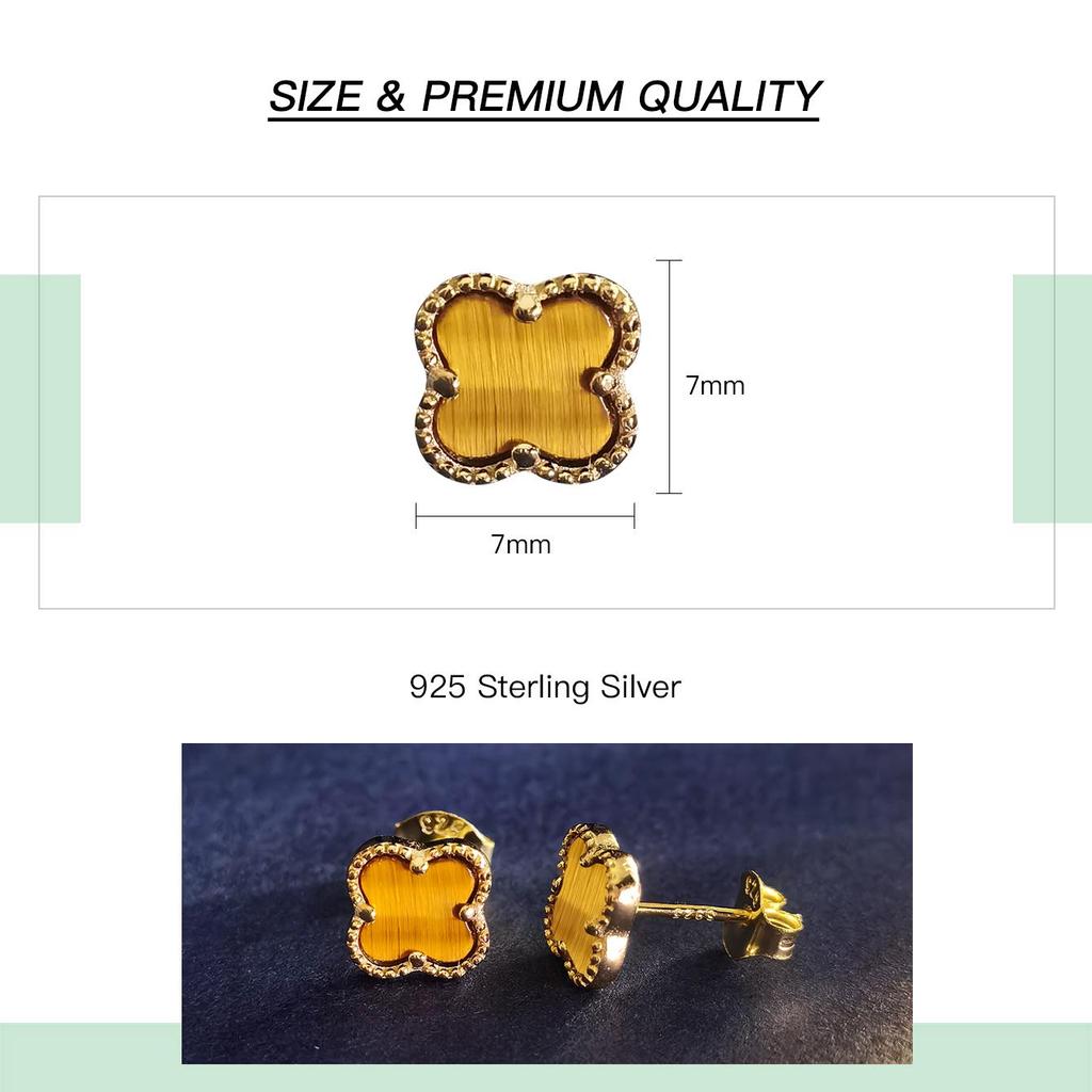 925 Sterlingsilber Vierblatt-Blume Ohrstecker 14K Vergoldet Tigeraugen Ohrringe