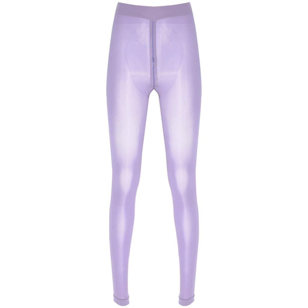 Women Sheer Pantyhose Zipper Crotch Design Stretchy See Through Tights Solid Color Elastic Waistband Leggings