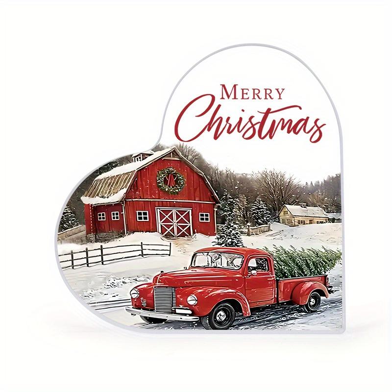

Retro Style Christmas Gift, Unique Red House and Truck Design, Heart-Shaped Acrylic Printed Christmas Pattern, Farmhouse Style Decoration Suitable 10*10cm