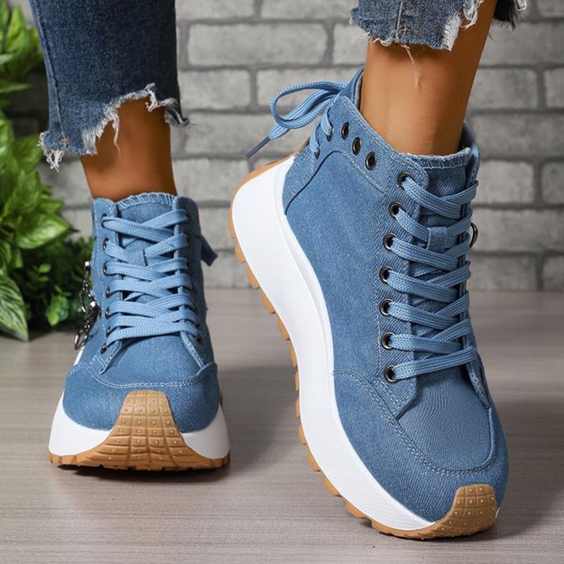 Fashion 2025 New Lace Up Denim Sneakers Women Spring Autumn Zipper Decoration Sports Shoes Woman Chunky Heel High Top Causal Shoes Mujer