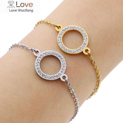Stainless Steel Gold Crystal Zircon Chain Bracelet Adjustable Simple Round Charms Bracelet For Women Steel Jewelry Bracelet