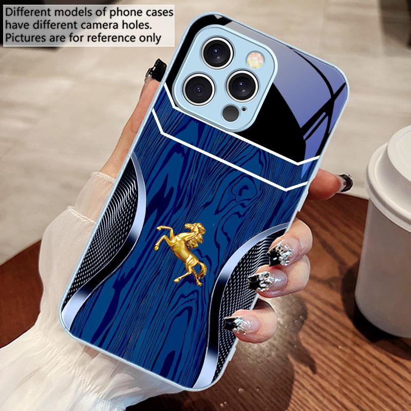 Wood Grain Golden Horse For IPhone 16 Pro Max 15 Pro 14 13 12 Mini 11 XS M Ax XR 7 8 Plu SE 2022 Tempered Glass Phone Case