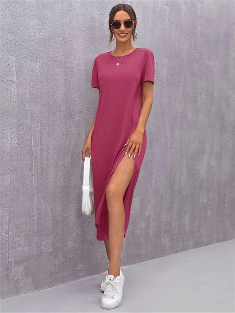 Neues Strick-Kurzarmkleid für Damen Frühling/Sommer mit Rundhalsausschnitt und Schlitzsaum