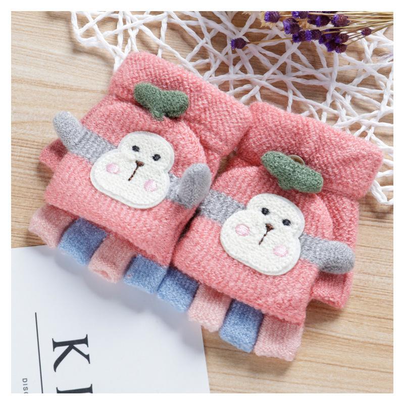 Gloves Winter Half-finger Flip Boys and Girls Five Fingers Leaking Fingers Half-cut Wool Knitted Anti-eating Children's Models