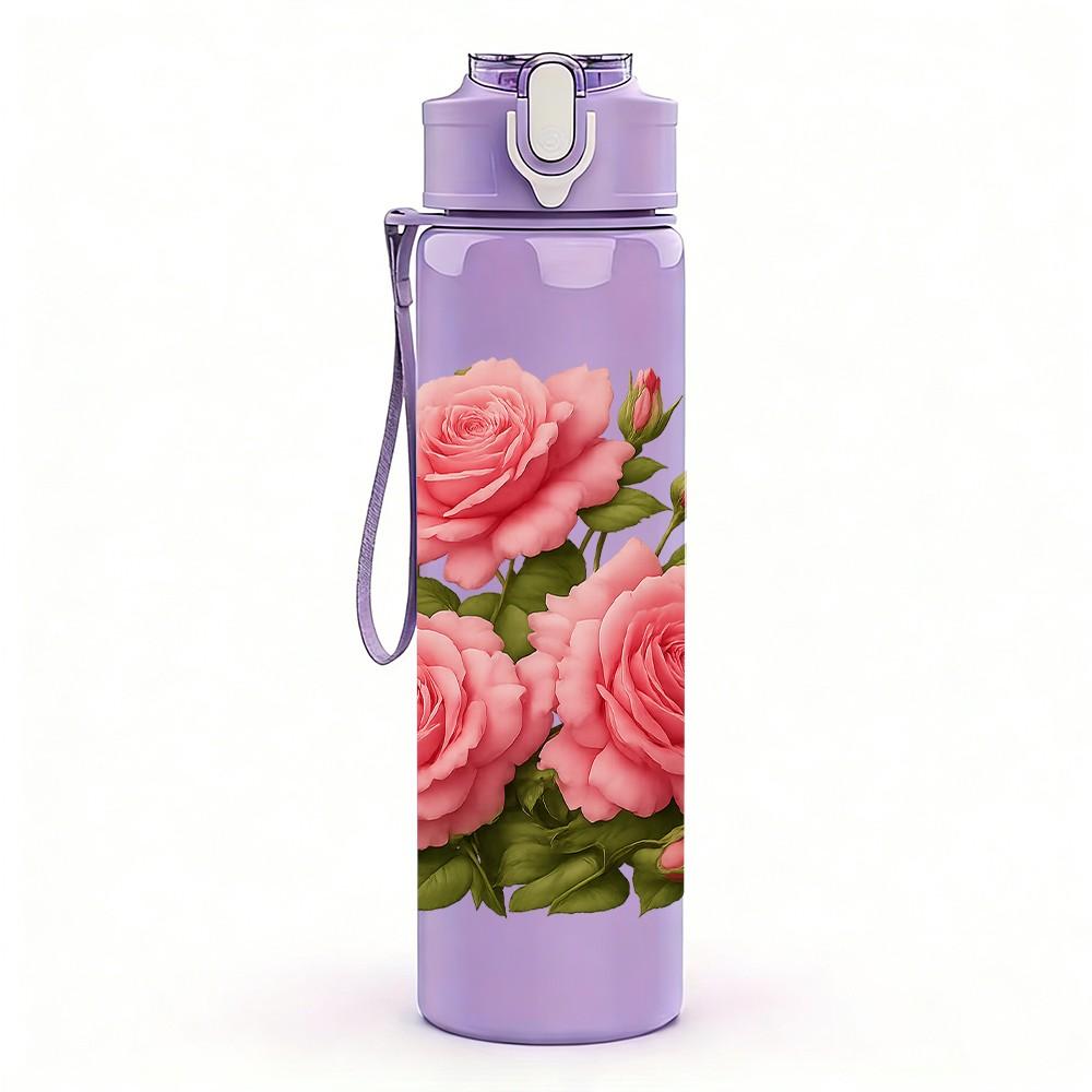 1PC Pink Rose Bouquet Floral Print 750ml Color Plastic Sports Water Bottle Leakproof Flip Straw Lid Suitable for Sports Office Home Use