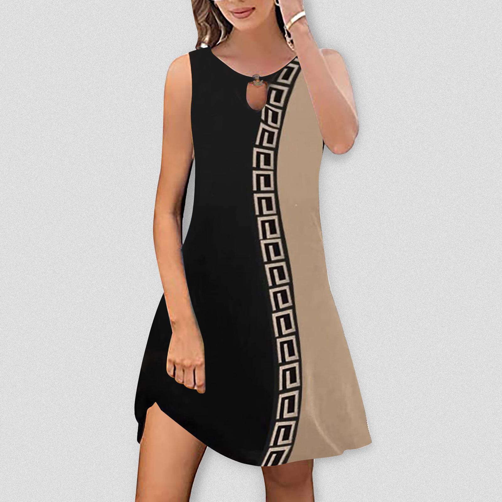 

YYFS Женская мода лето весна цвет блок принт без рукавов О-образный вырез средняя талия повседневные платья XXL