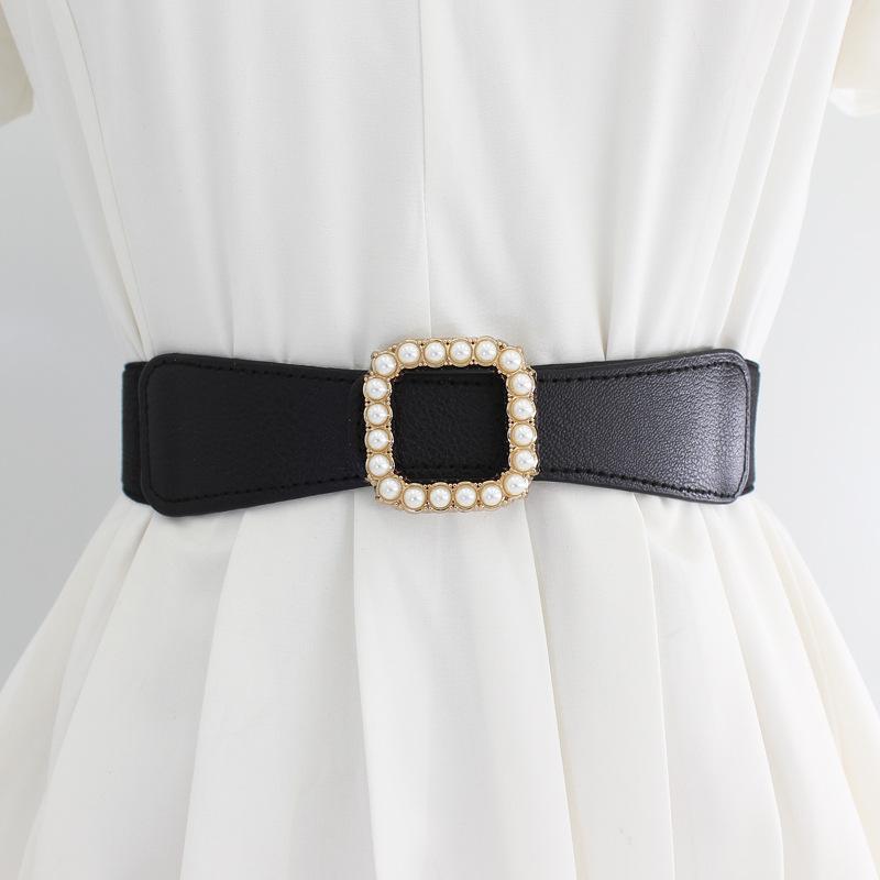 Square Pearl Inlaid Smooth Buckle Elastic Belt Women'S Dress Decoration Elastic Thin Waist Seal Three Sizes