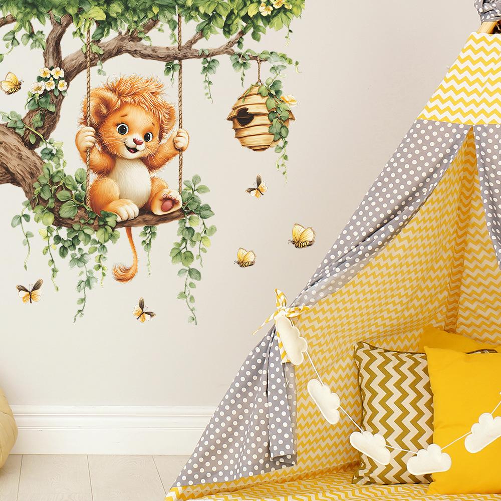Cartoon Little Lion Swinging on a Swing Self Adhesive Wall Sticker for Kids Room Home Decor 39x90cm разноцветный