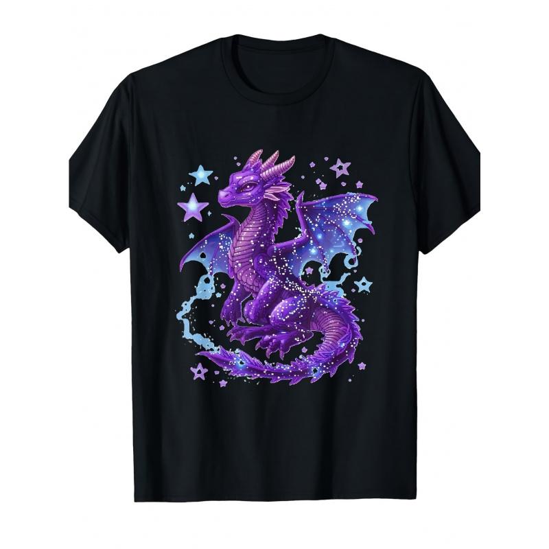 Mystical Purple Dragon Men'S Casual Short Sleeve T-Shirt Funny Graphic Tee, Comfortable Fit, Crew Neck, All-Season Wear, Vintage Style, Slight