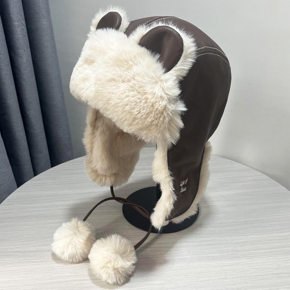 Faux Leather Trapper Hat Bear Ear Cycling Lei Feng Hat Casual Winter Pilot Hat  Skiing