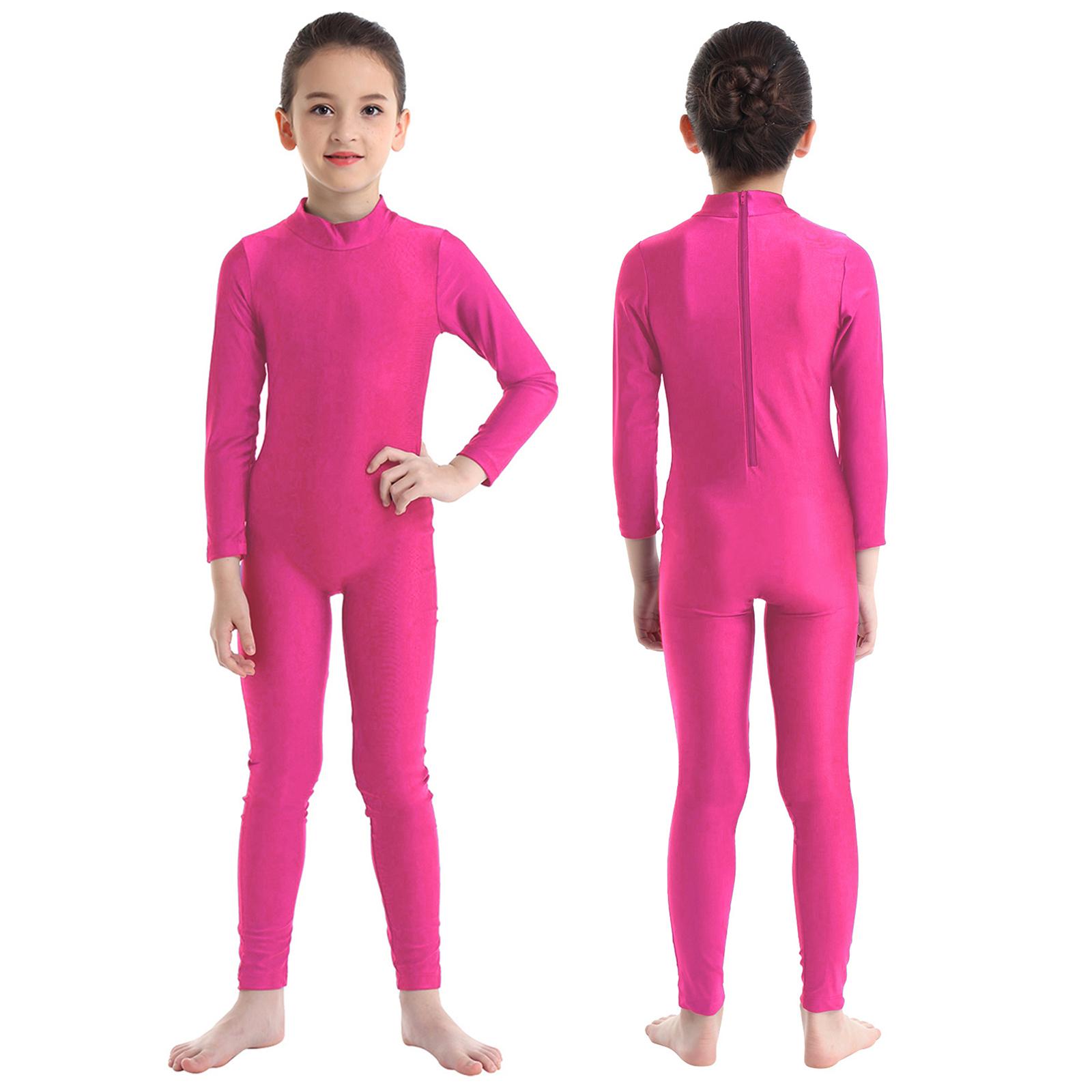 IEFiEL Kinderen Meisjes Lange Mouwen Turnpakje Volledige Lengte Jumpsuit Dansles Ballroom Gymnastiek Unitard 3-4 Years helder roze