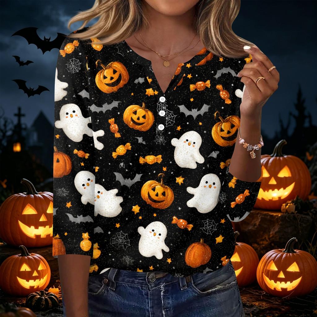 Women's Halloween Printed V Neck Button Front Three Quarter Sleeve Casual Top Lightweight Soft Fabric Comfortable Fit