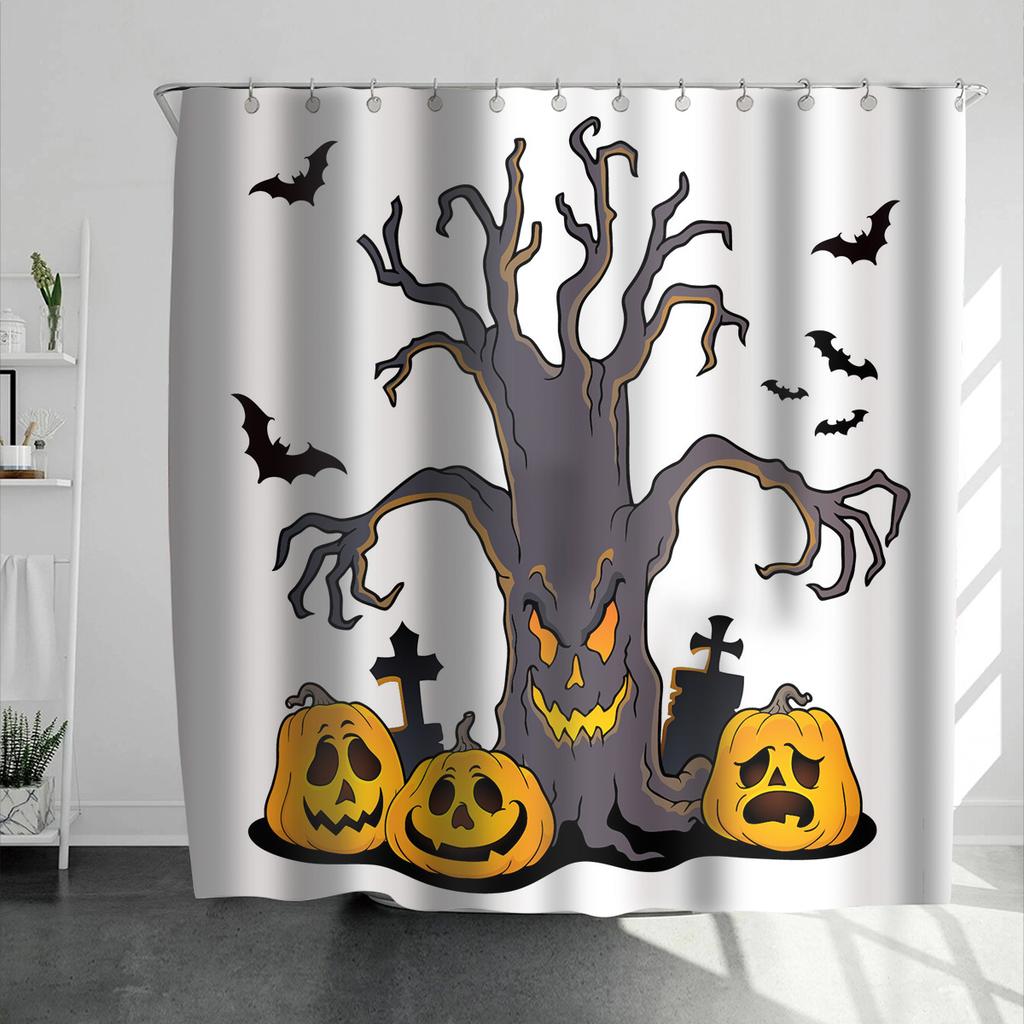 Horrific Shower Curtains Halloween 3D Print Fabric Pastel Waterproof Bathroom Curtain Pumpkin Bat Print Home Decor with Hooks