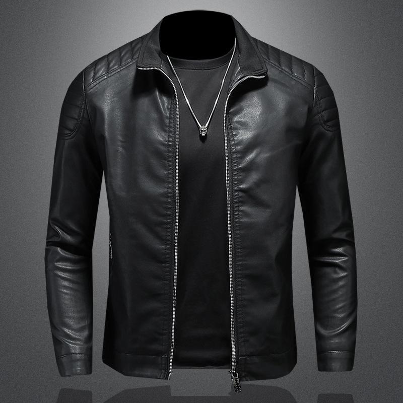 Stand Collar Leather Jacket Men's Trendy Jacket Spring New Leather Jacket Slim Korean Style Handsome Spring and Autumn Men's Clothing