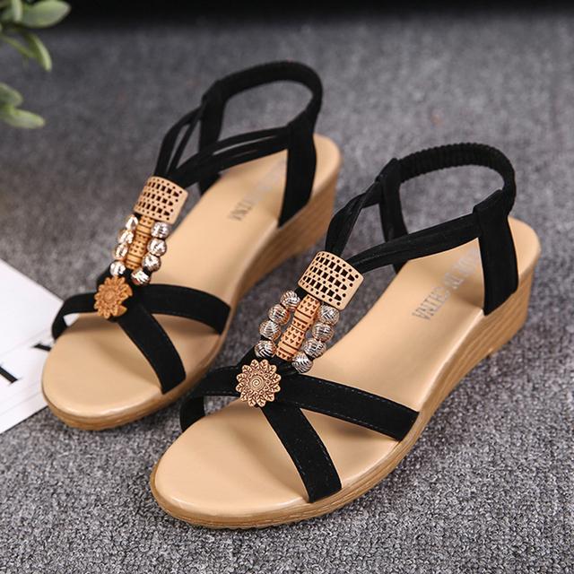 

Богемные сандалии Rimocy на танкетке, женские летние римские туфли с ремешком на щиколотке и бусинами, женская повседневная пляжная обувь на среднем каблуке, пляжные сандалии Mujer 39 чёрный
