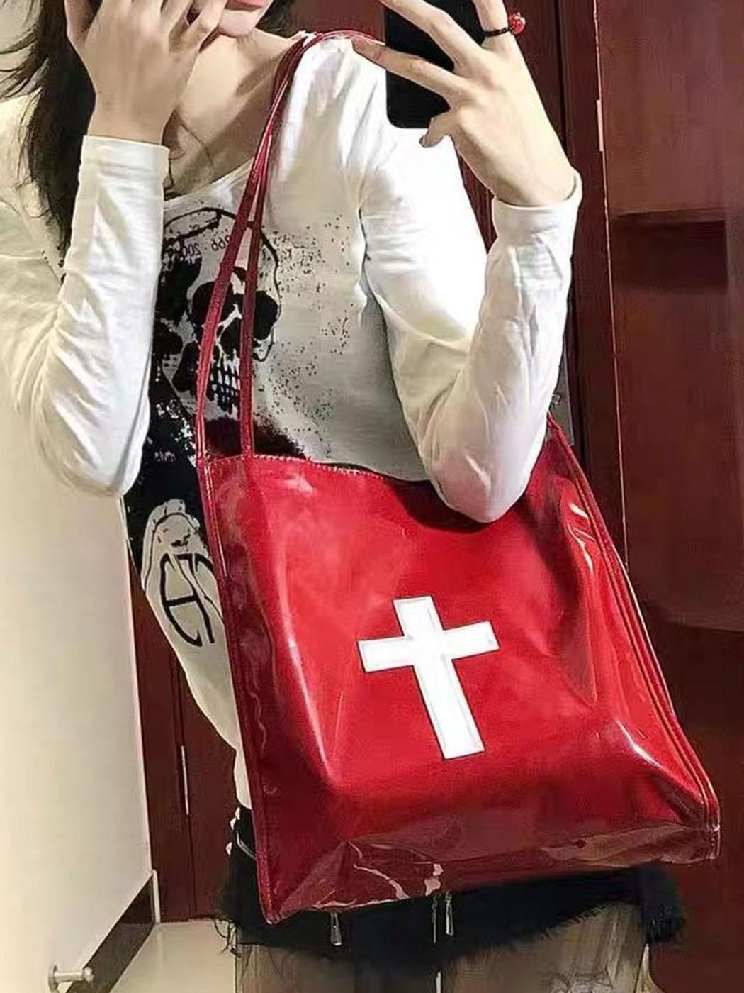 

JIAERDI Retro Gothic Cross Y2k Handbag Women Hot Girls PU Leather Large Capacity Handbags Ladies Harajuku Vintage Shoulder Bags 31x31x10.5cm червоний
