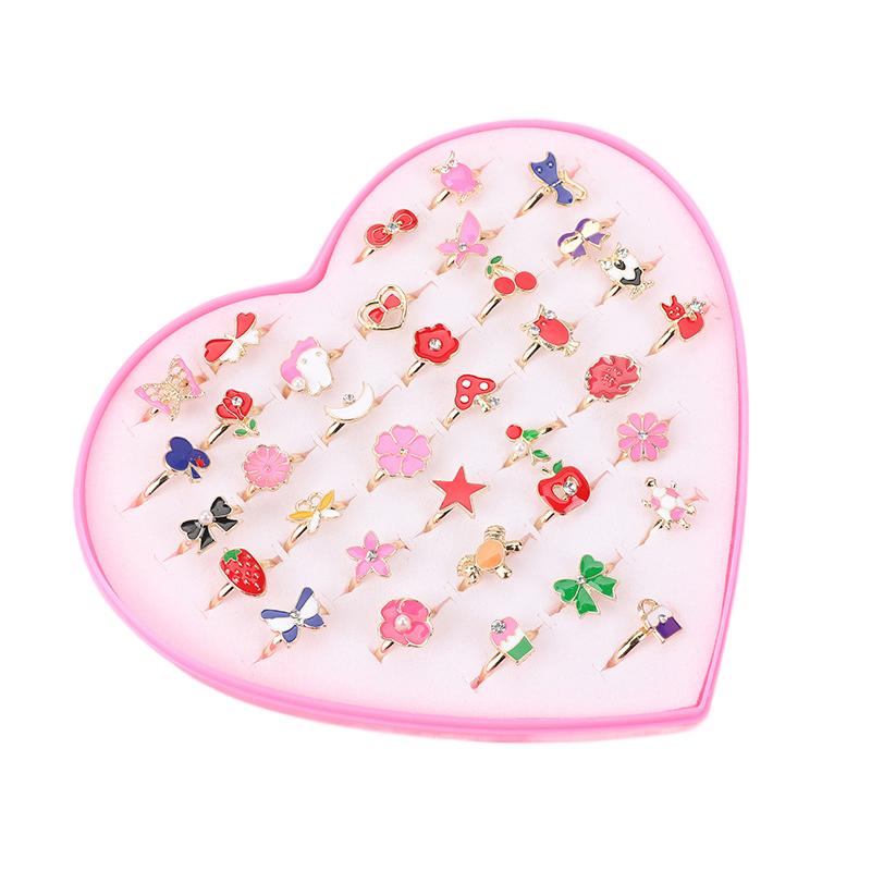 6/9/12/36pcs Cute Adjustable Rings Children Girls Pretend Play Makeup Toys Cartoon Crystal Jewelry Alloy Animal Enamel Rings