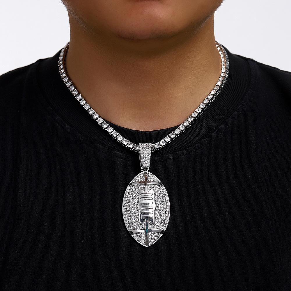 Europe and America New Full Diamond Rugby Alloy Pendant Hip Hop Cuban Chain Tennis Chain Fried Dough Twists Chain Men's Necklace