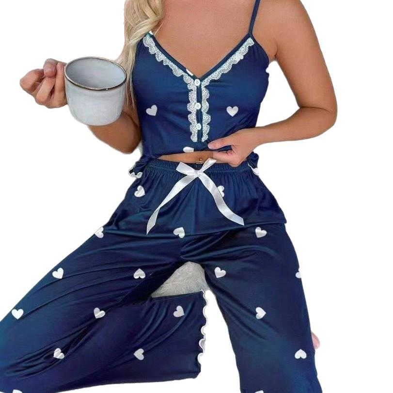 Women's Summer Imitation Silk Camisole & Long Pants Home Wear Set