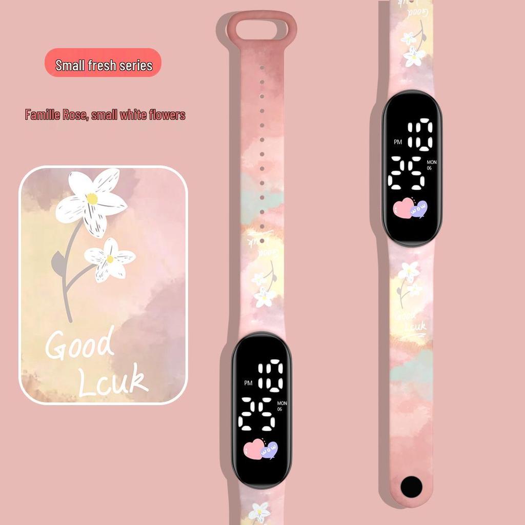 Girls' LED Cartoon Ink Waterproof Sports Watch with Luminous Bracelet Design