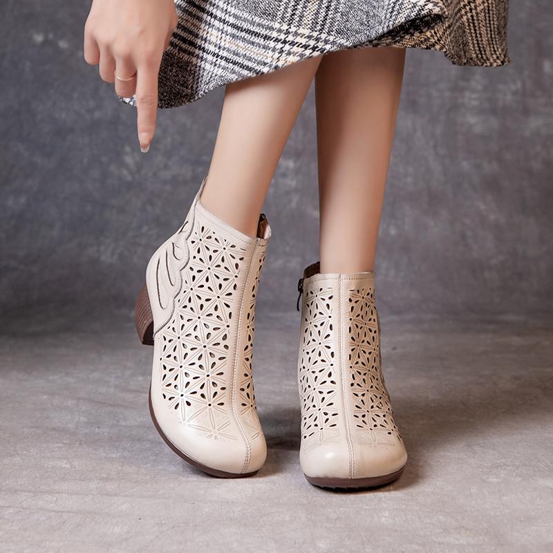 Moda GKTINOO 2025 Verano Botines Zapatos de Cuero Genuino Mujeres Tacones Medios Sandalias Cremallera Lateral Botines Recortados Transpirables Mujer Zapatos