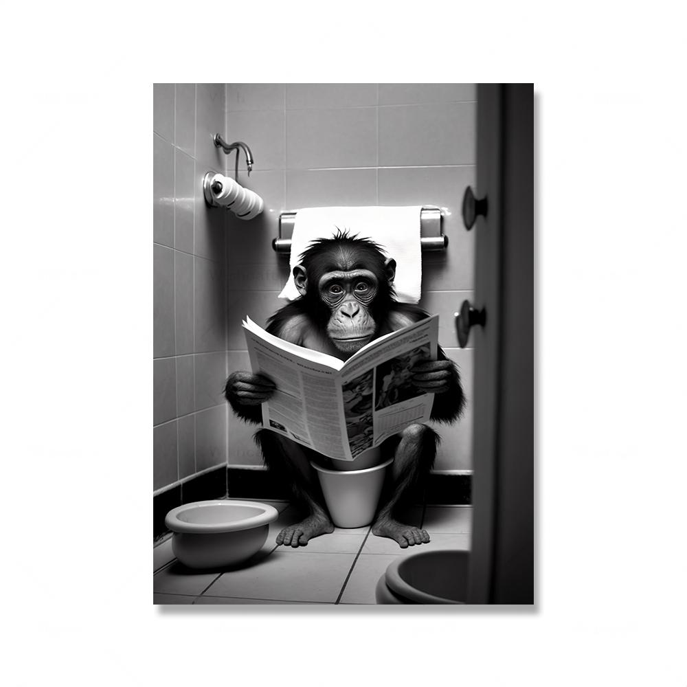 Animali Seduti sul Water che Leggono un Giornale Stampe Divertenti Decorazioni da Parete per il Bagno Immagini Scimmia Cane Mucca WC Poster da Parete