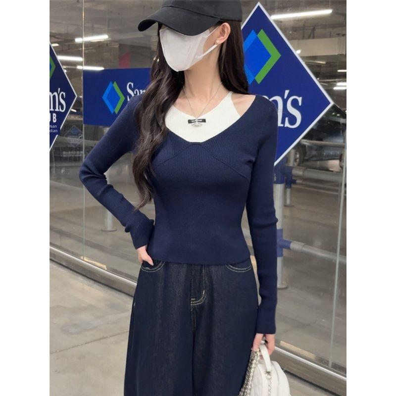 Kumikumi Pure Desire Style Sexy Temperament Fake Two Pieces Long sleeve Knit Women Autumn Waist Hugging Slimming Versatile Top