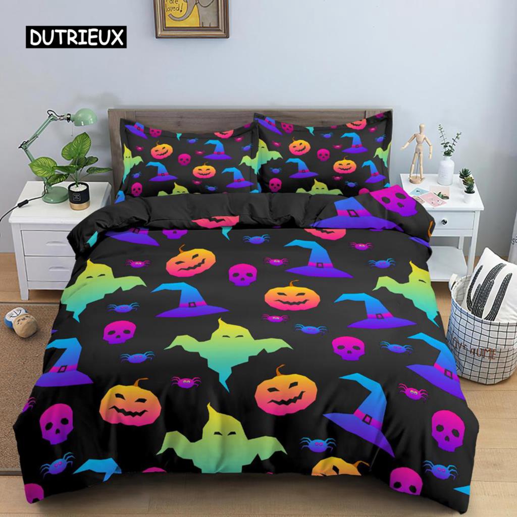 

Комплект постельного белья на Хэллоуин, двуспальный, с забавным мультяшным рисунком, комплект постельного белья с тыквой, микрофибра, комплект постельного белья на тему Хэллоуина EU single(135x200cm)