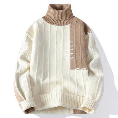 2025 New Men High Collar Patchwork Sweater Trend High Street Fashion Autumn Winter Men Warm Pullover Mens Turtleneck Sweater Hip Hop Sweater