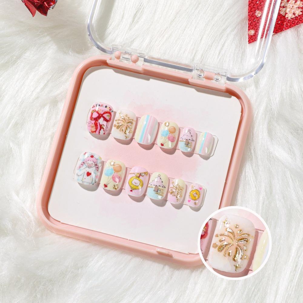 Short Square Shaped Children False Nails Bowknot Fireworks Kids Fake Nail Extension  Student