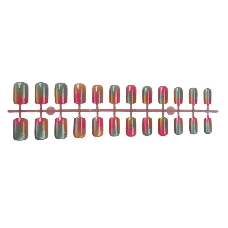 24Pcs Short Ballet Press On Nails, Rainbow Gradient Cat Eye Full Cover Fake Nails with Glue for Daily Wear