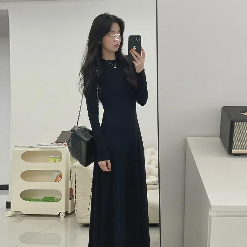 Hepburn-Style Black Long-Sleeve Slim Fit Dress for Autumn/Winter