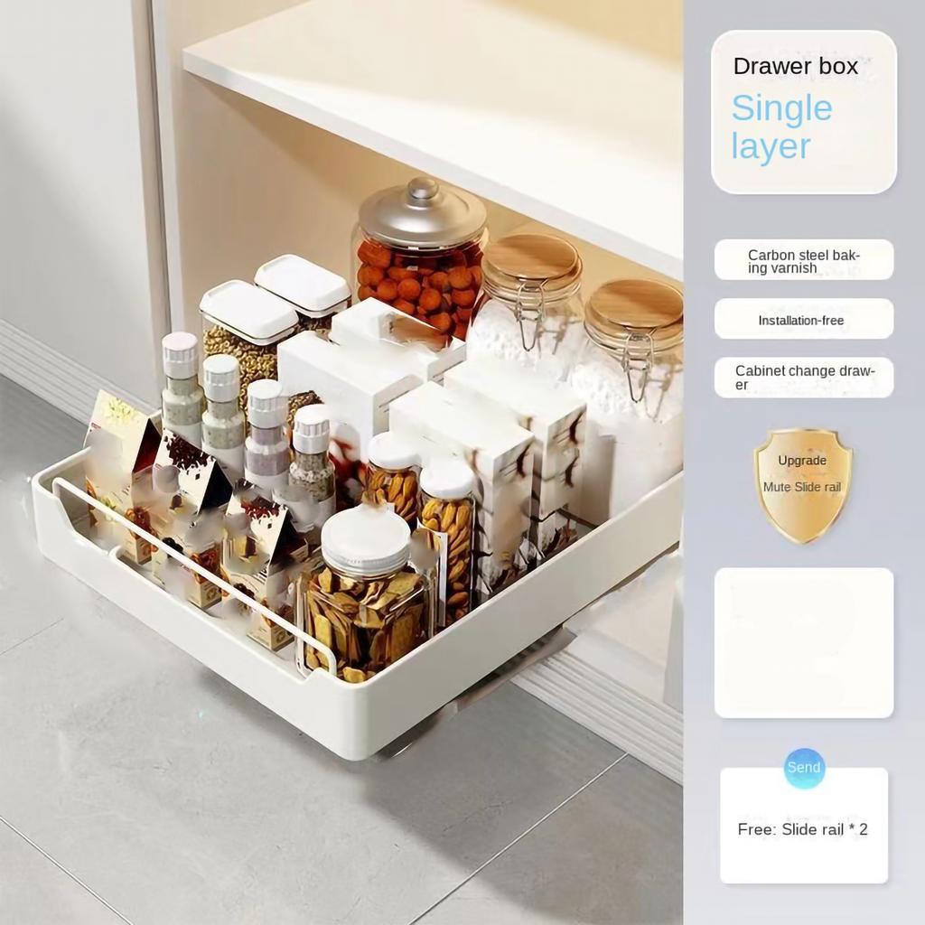 Portable Kitchen Storage Box with Sliding Rail Pull-Out Cabinet Storage Rack Spice Pantry Shelves Drawer Kitchen Organizer Shelf