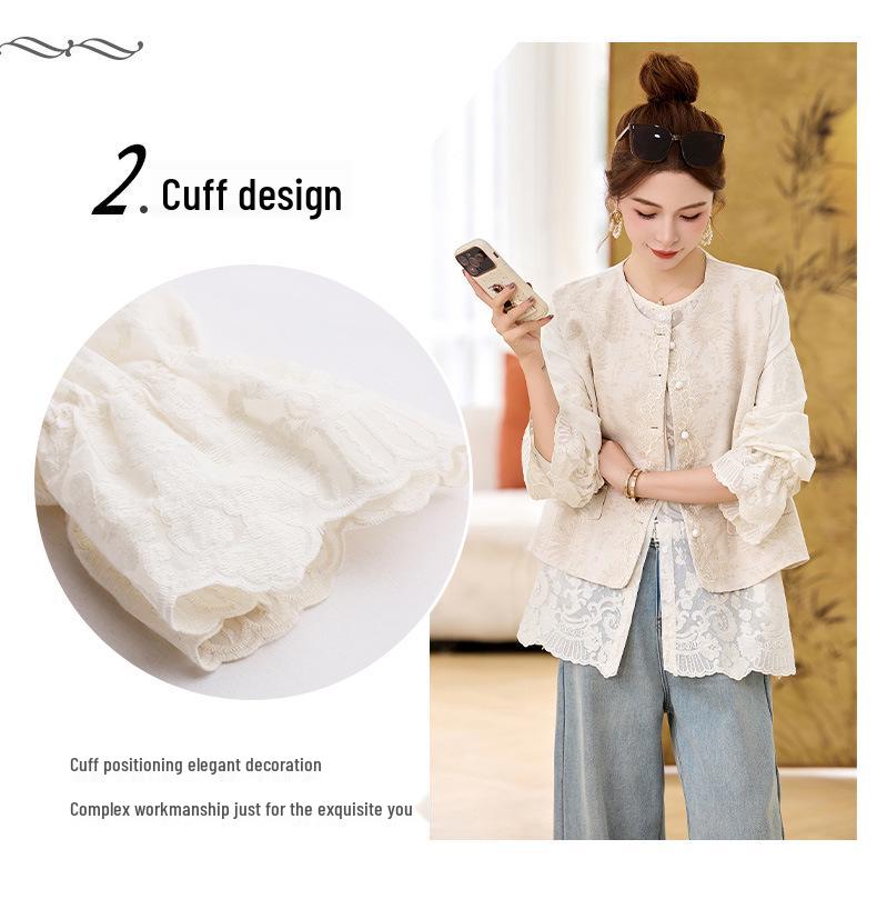 Spring 2025 New Chinese Cotton-Linen Jacquard Vest and Lace Blouse Two-Piece Set