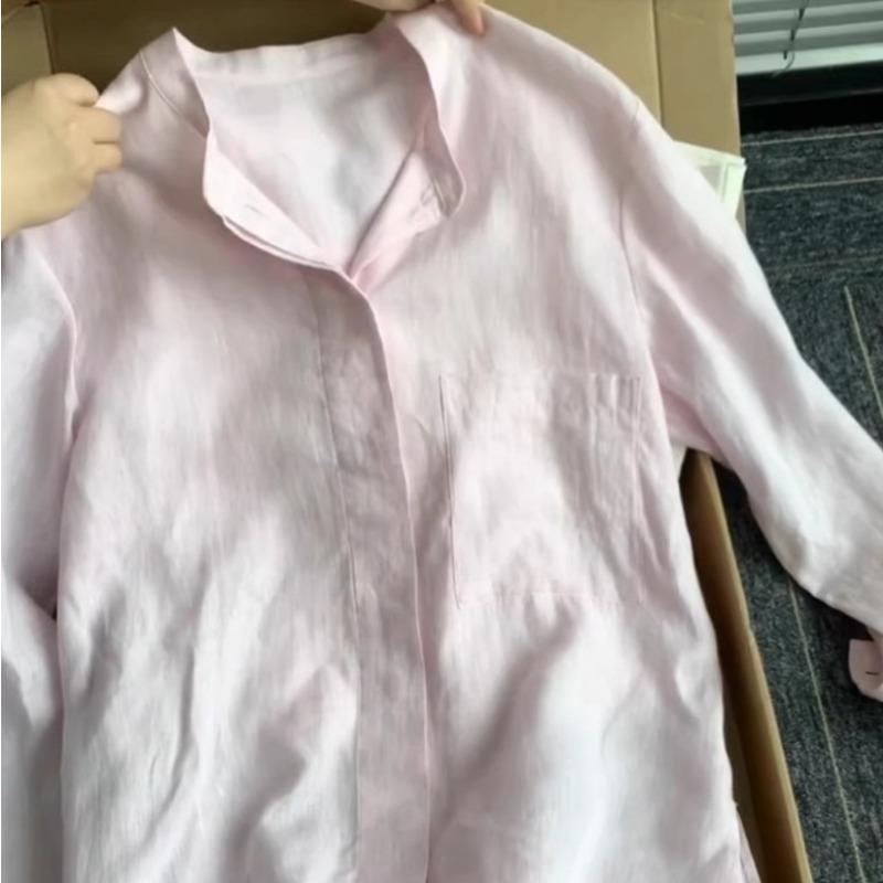 Women Casual Loose Long Sleeve Pink Polo Neck Sunscreen Shirt