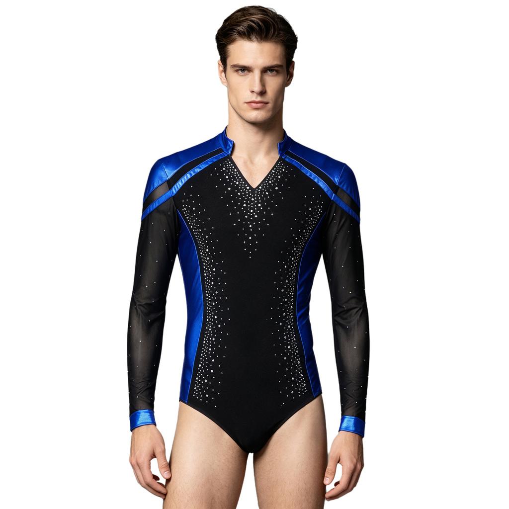 Sparkly Metallic Patchwork V Neck Bodysuit for Men Mesh Long Sleeve Rhinestone Leotard for Latin Ballet Figure Skating Gymnastics Training