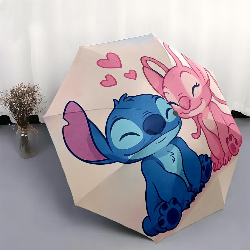 Stitch,Angel Automatic Folding Umbrella   Simple 8 Rib Design, Bright Cartoon Pattern, Durable Iron Frame, Suitable For Travel, Outdoor, Bea