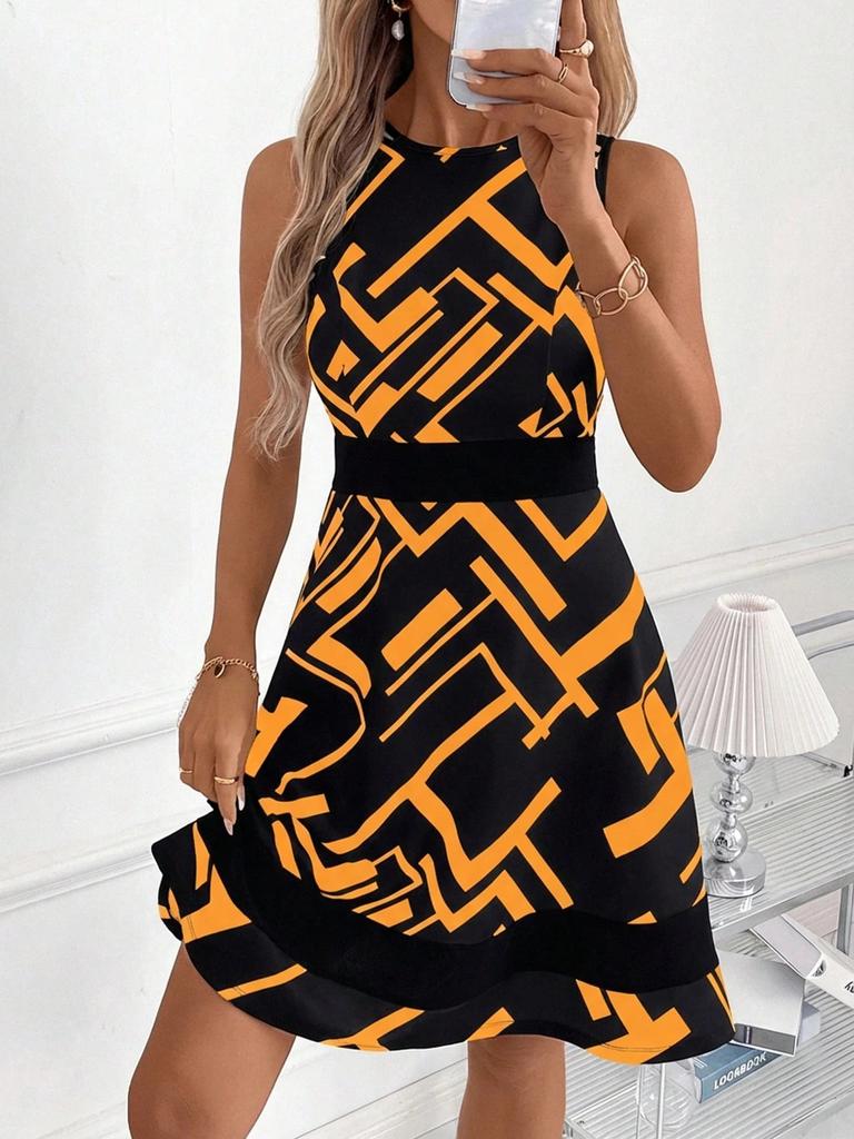 2025 new European and American fashion geometric printing sleeveless slim dress women's summer temperament commuter dress