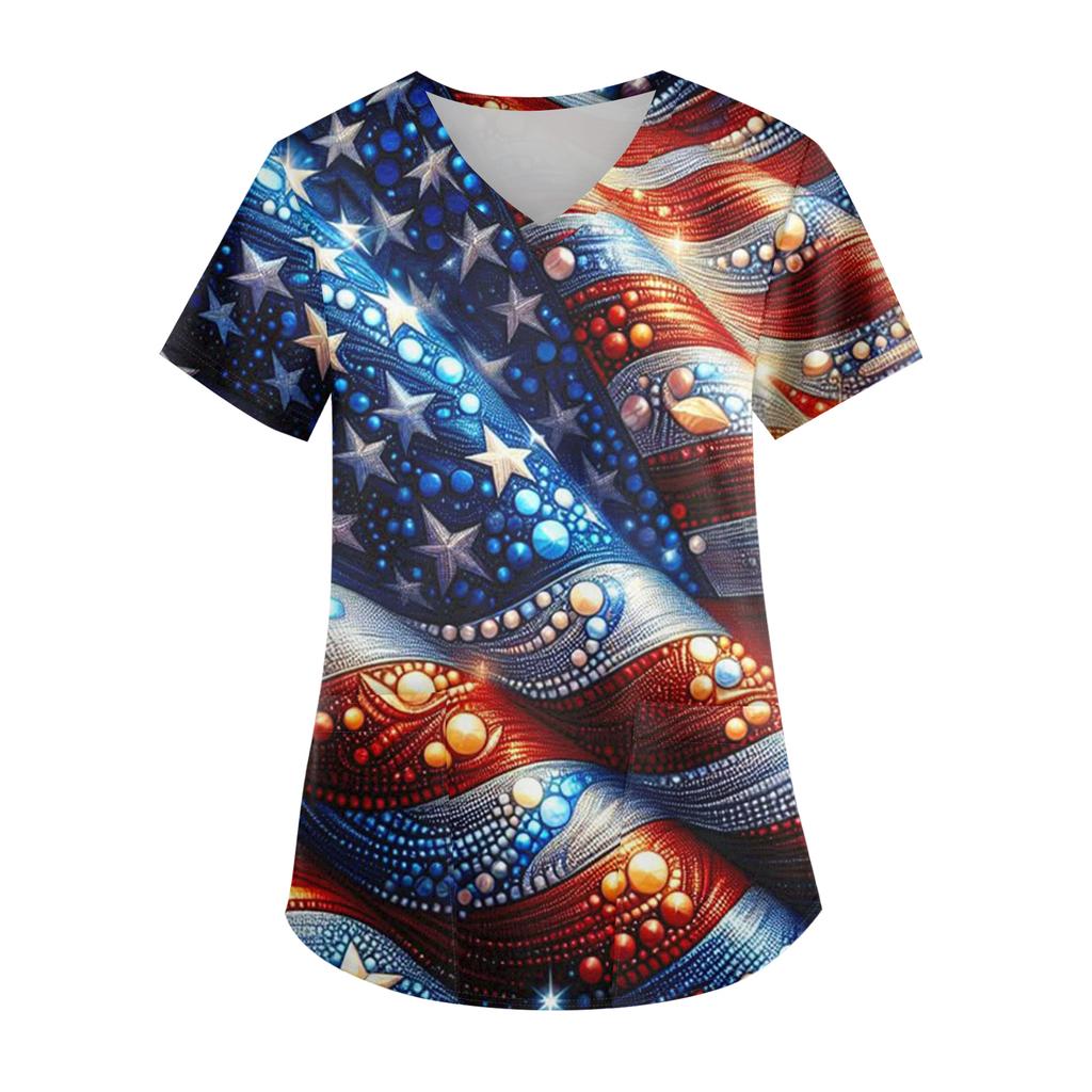 Ladies' Independence Day Printed Fashionable V-neck Pocket Short Sleeved Uniform and Caregiver Top