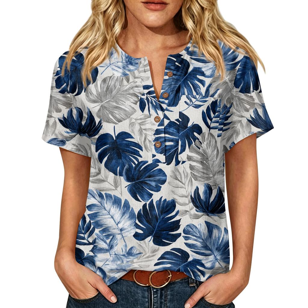 Damen Kurzarm Henley-Hemd mit Brusttasche Leichte Baumwoll-Leinen-Mischung Tropischer Print Lässiges Sommeroberteil