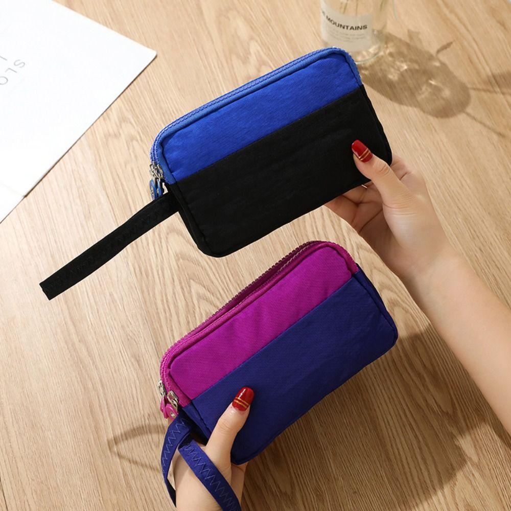 Nylon Three Layer Coin Purse With Lanyard Simple Hand Bag Contrasting Colors Wrist Bag  Female
