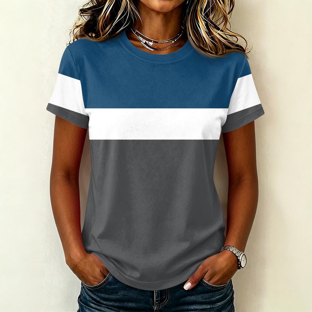Dames Casual Pullover Korte Mouw T-shirt Kleurblok Bedrukt Top Ronde Hals Lichtgewicht Zachte Stof