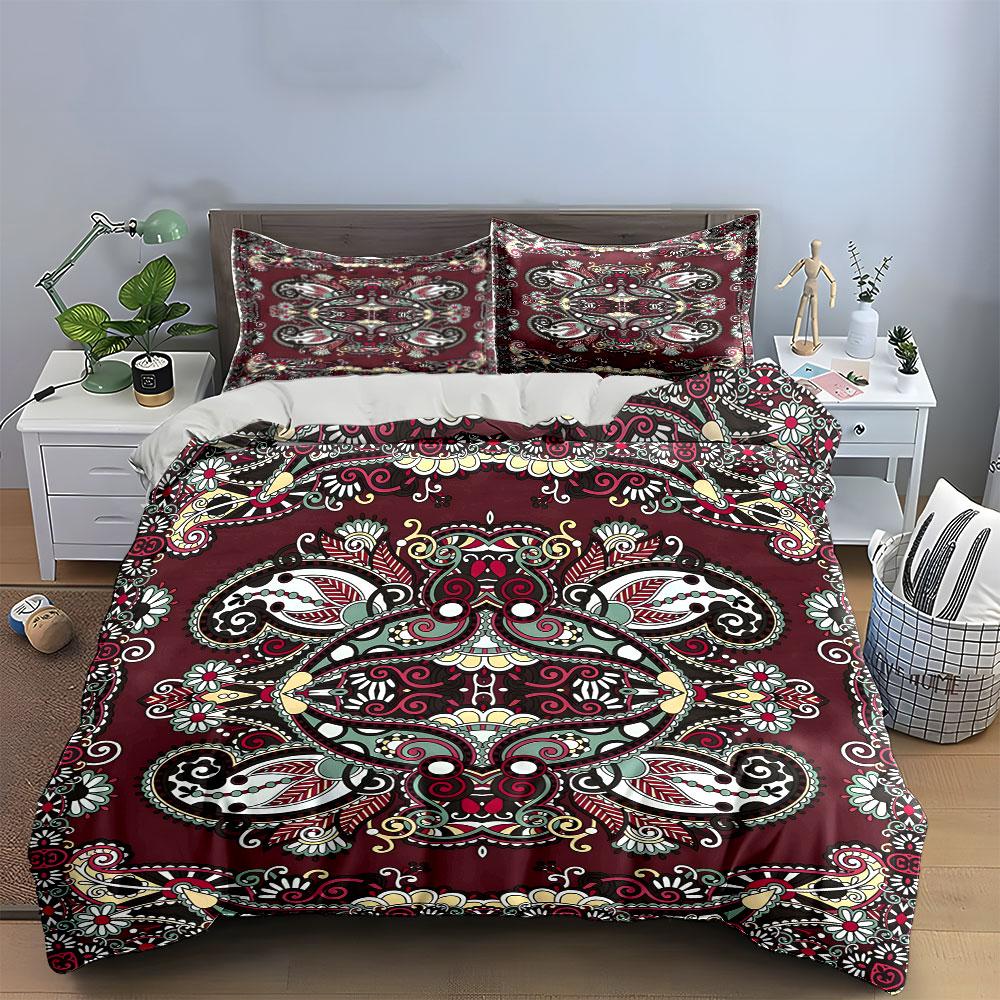 Floral Paisley Burgundy Pattern Bedding Duvet Cover Set  (1*Duvet Cover 2*Pillowcases, without duvet insert)