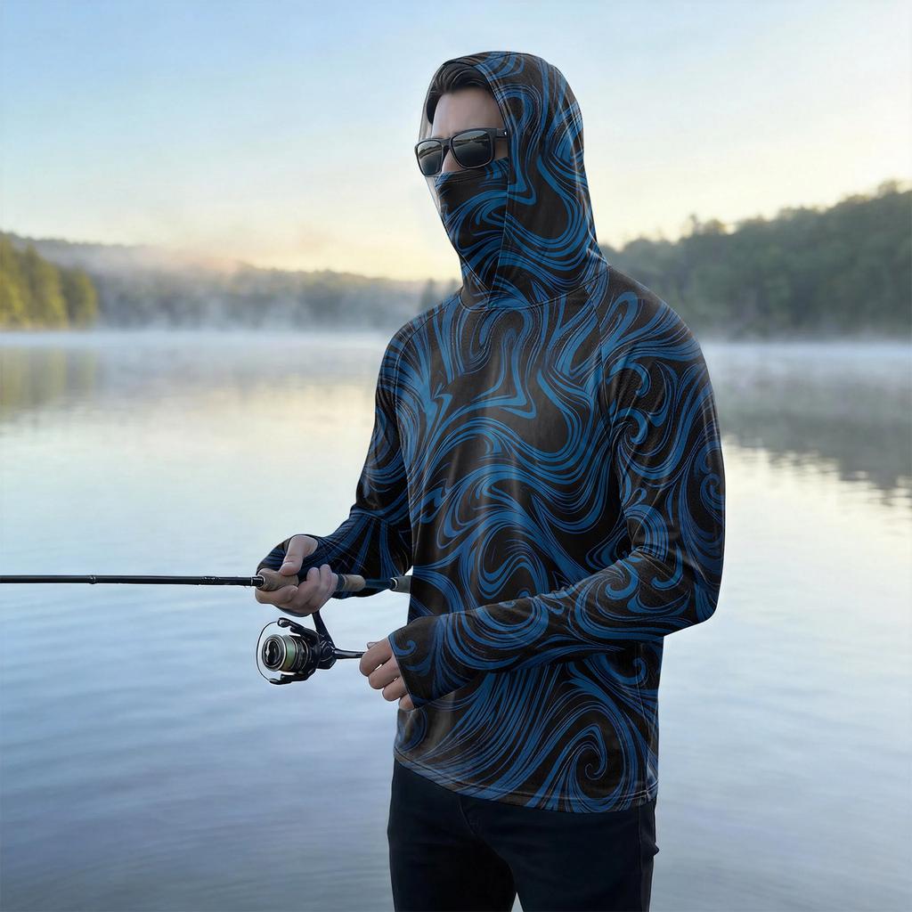 Men's Casual Outdoor Hooded Long Sleeve Sun Protection Shirt Lightweight Breathable Striped Printed Pullover Top for Sports Hiking Fishing