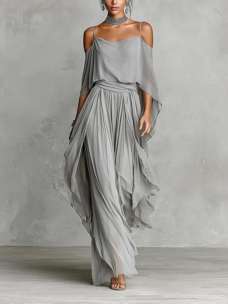 20206 New Suspender Off-Shoulder Elegant Blouse Top and Chiffon Asymmetrical Pants Set S