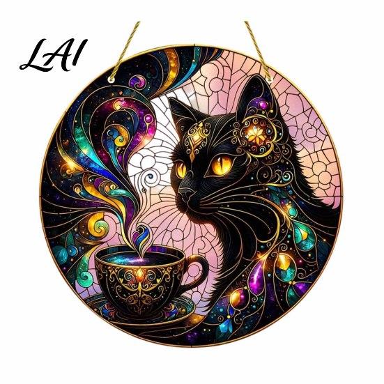 Black Cat Craft Decoration Moon Halloween Window Hanging Decor Mystical Round Sign Artistic Courtyard Pendant for Indoor Outdoor Wall Art,
