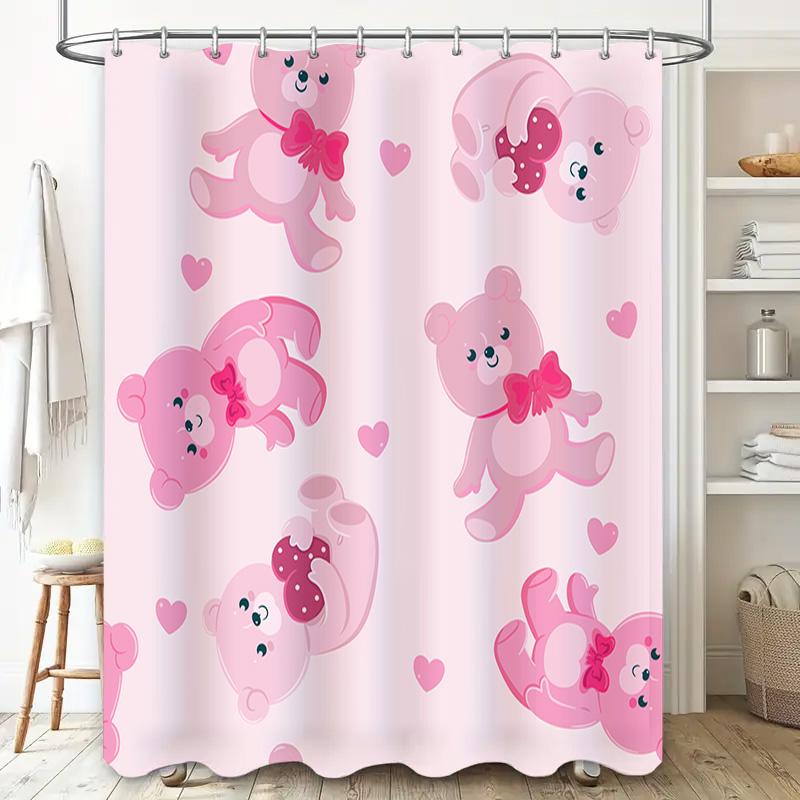 Cute Pink Teddy Bear Shower Curtain for Bathroom Decor Home Decor Accessories Supplies on