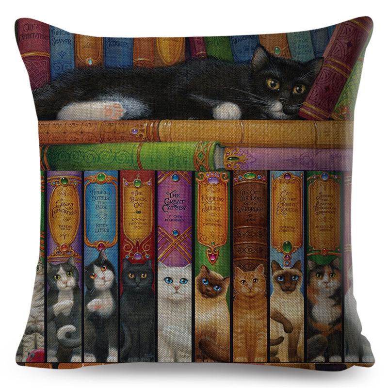Cute Book Cat Party Cushion Cover Decor Cartoon Animal Pillowcase Printing Cojines Polyester Pillow Case  for Sofa Home 45x45cm