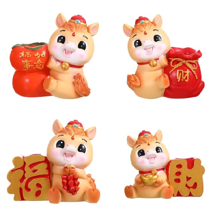 Cartoon Horse Pattern Pen Holders Stationery Holders Chinese New Year Gift Office Home Decoration Resin Pen Organizer