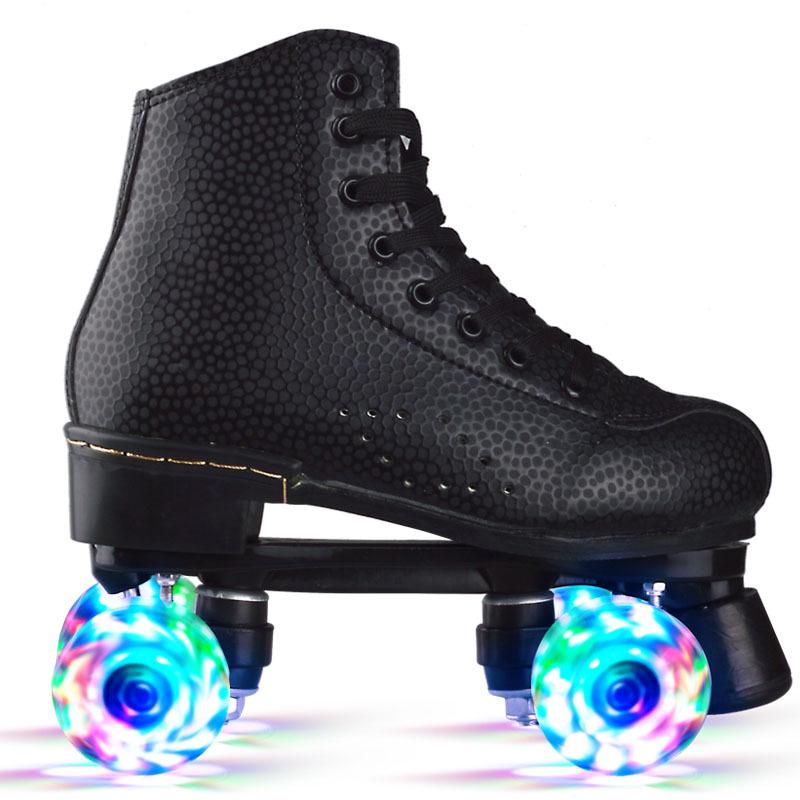 Rose Red Double Row Adult Roller Skates with Flashing Wheels - Leather Style